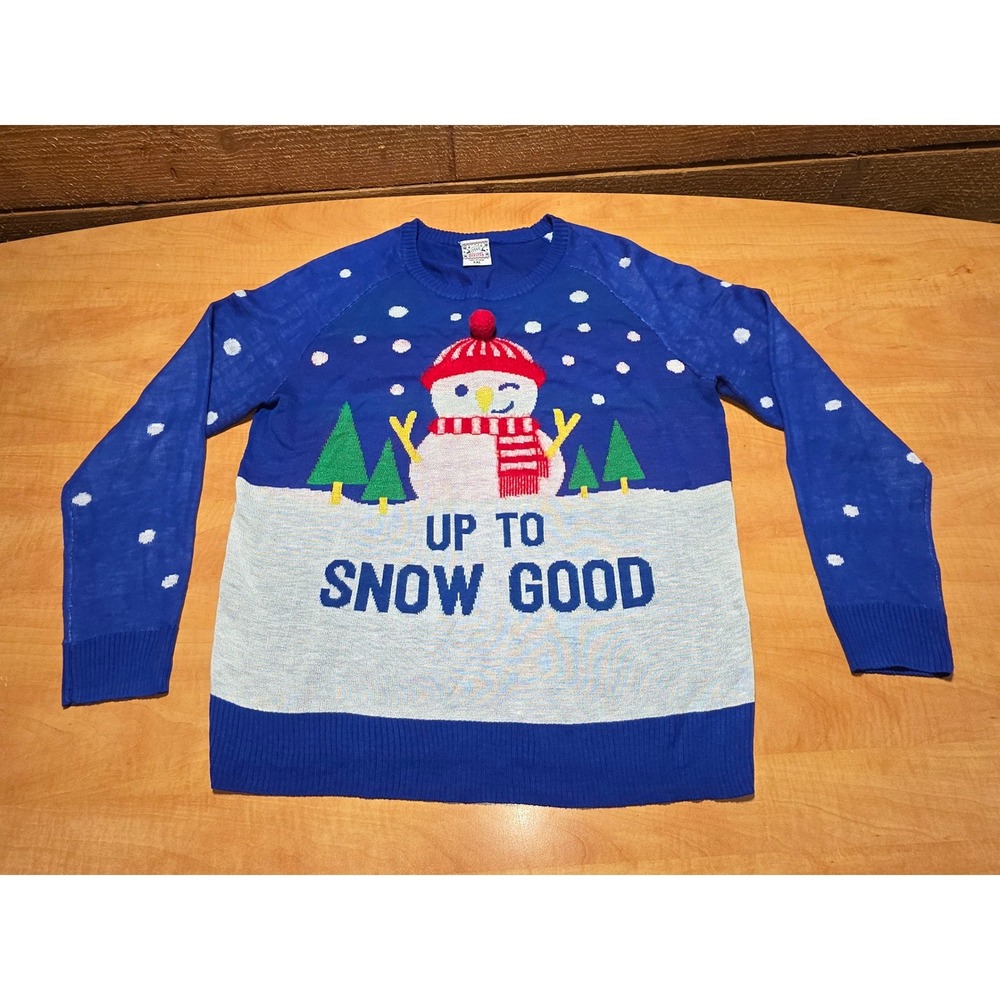 Well Worn Up To Snow Good Ugly Christmas Sweater Blue Snowman XXL